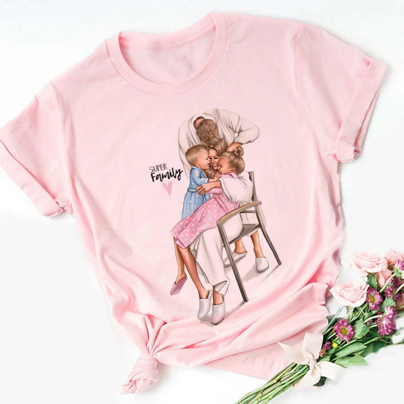Super Mom Graphic T-Shirt | Pink Harajuku Mother's Love Summer Tee