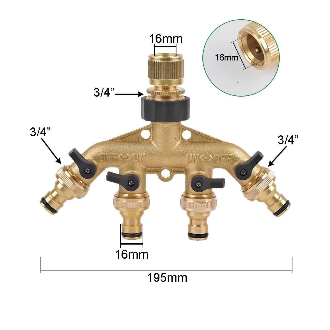 Heavy-Duty 4-Way Brass Garden Hose Splitter - 3/4" Tap Diverter