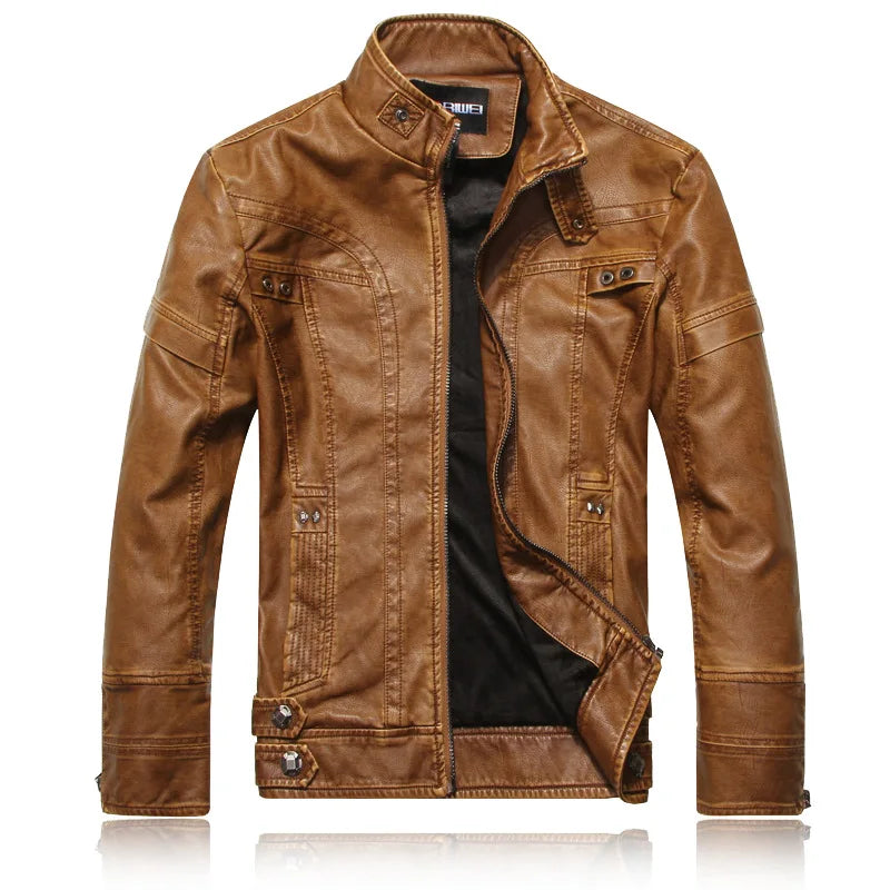 Mens Retro Leather Jacket | American Style Stand Collar Biker Blazer