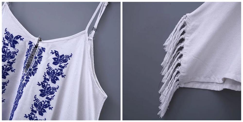 Sexy Women Fashion Linen Hollow Retro Ethnic Embroidery Pattern Irregular Asymmetrical Hem Fringed Tassel Spaghetti Strap Dress - Buy Confidently with Smart Sales Australia