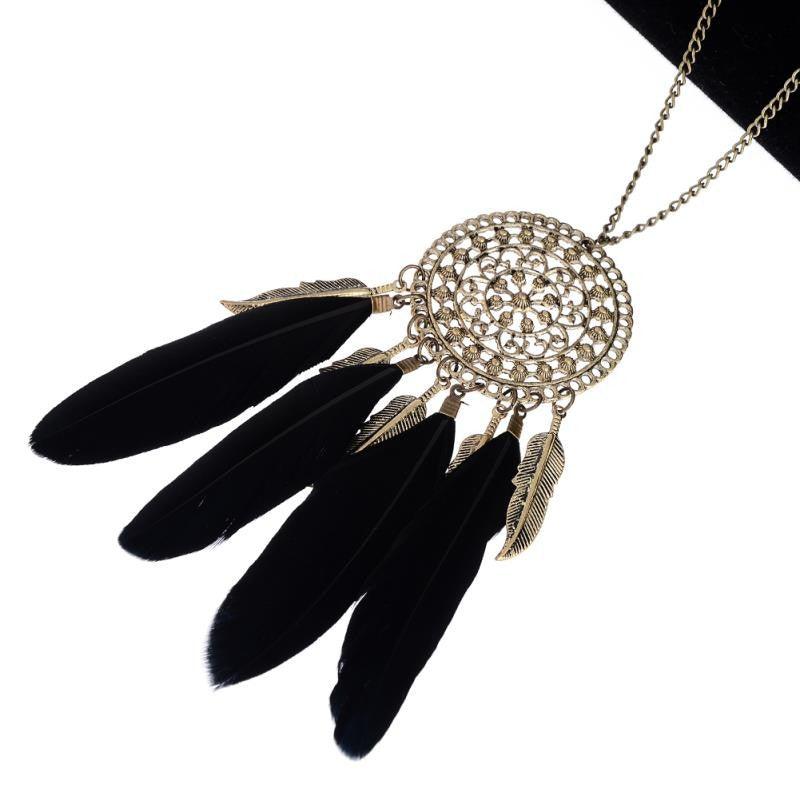 Vintage Feather Leaf Metal Hollow Dream Catcher Charm Pendant Necklace Silver Plated Rhinestone Sweater Chain Statement Necklace - Buy Confidently with Smart Sales Australia