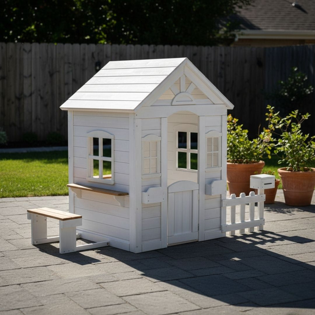 Teddy V2 Cubby House | White Timber Playhouse with Veranda