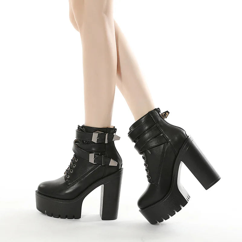 Women's Platform Boots - Black Buckle & Lace-Up High Heel Booties