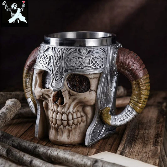 600ml Viking Skull Mug | Stainless Steel Gothic Horned Tankard Cup ID