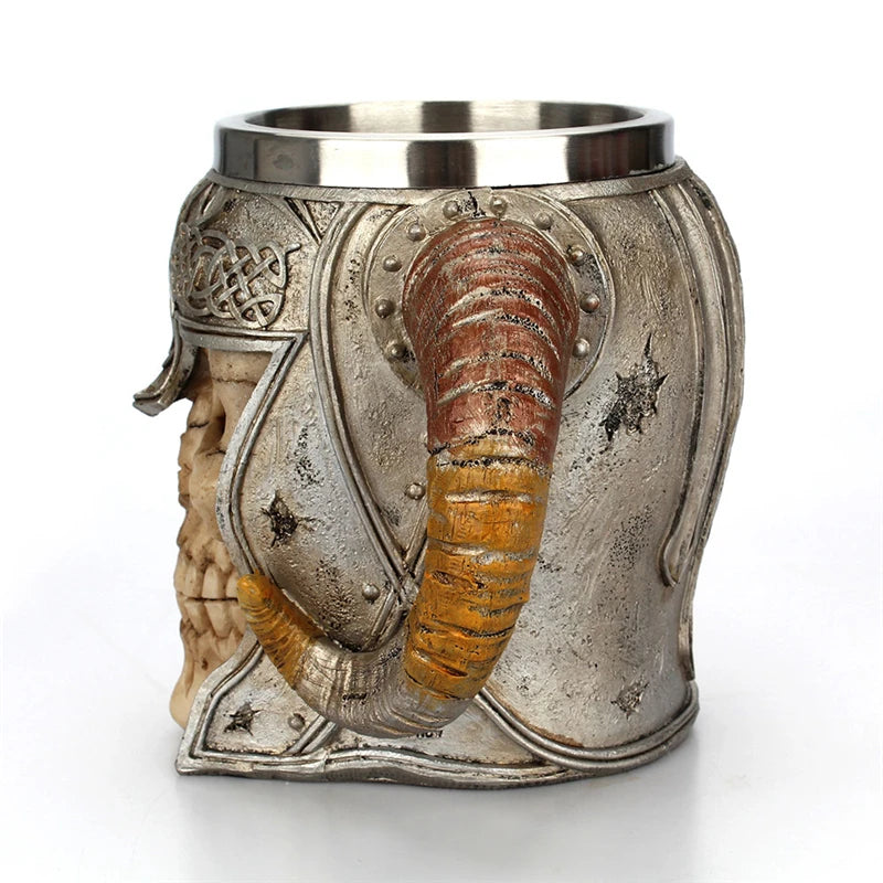 600ml Viking Skull Mug | Stainless Steel Gothic Horned Tankard Cup ID