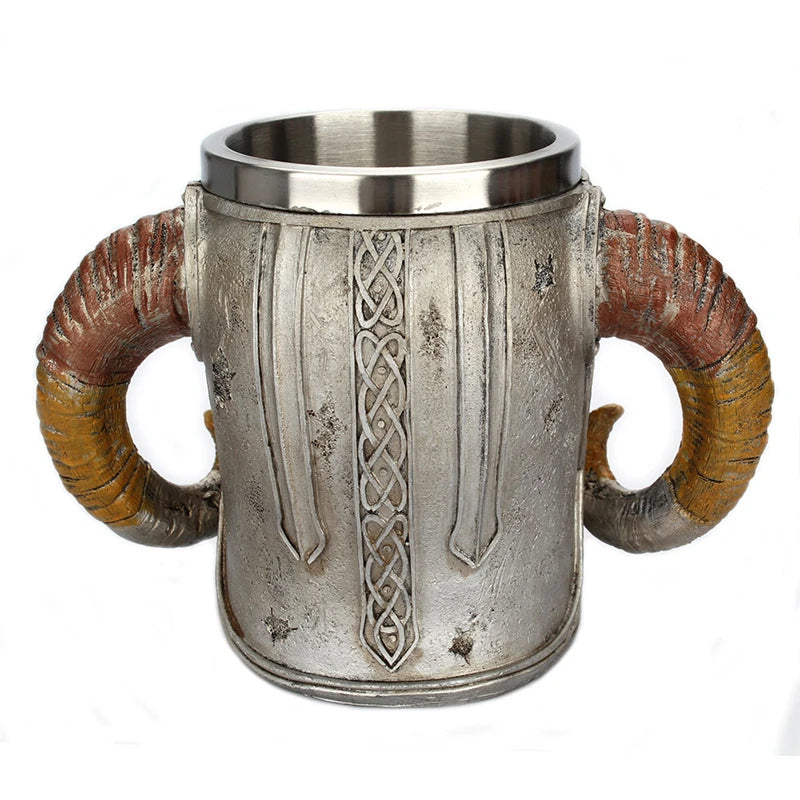 600ml Viking Skull Mug | Stainless Steel Gothic Horned Tankard Cup ID