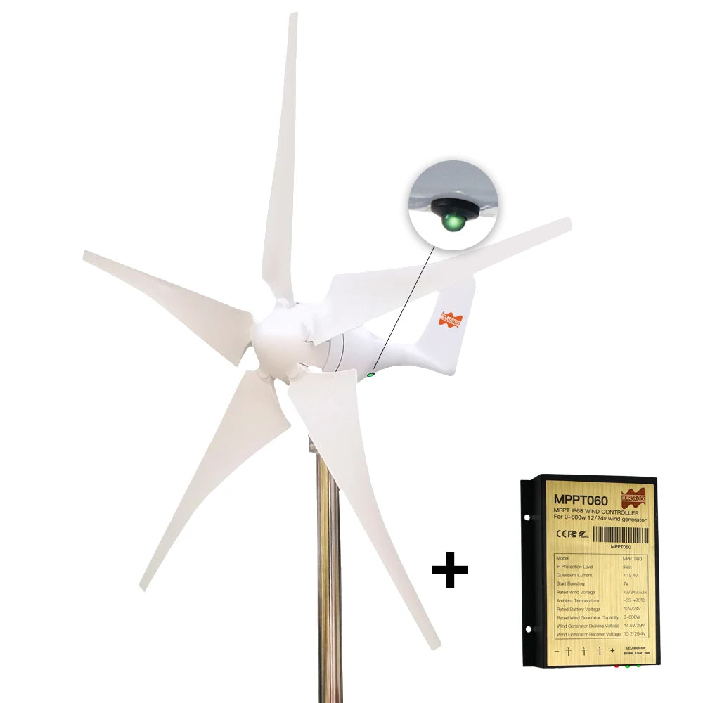 400W Wind Turbine Generator - 12V 24V 6-Blade with MPPT