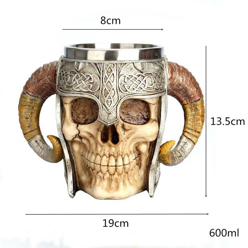 600ml Viking Skull Mug | Stainless Steel Gothic Horned Tankard Cup ID
