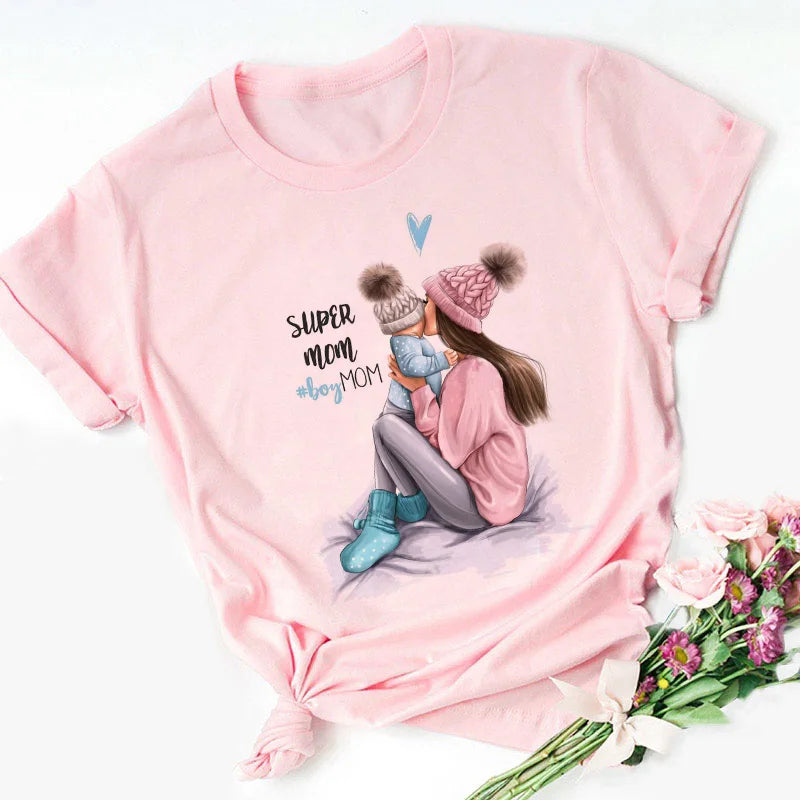 Super Mom Graphic T-Shirt | Pink Harajuku Mother's Love Summer Tee