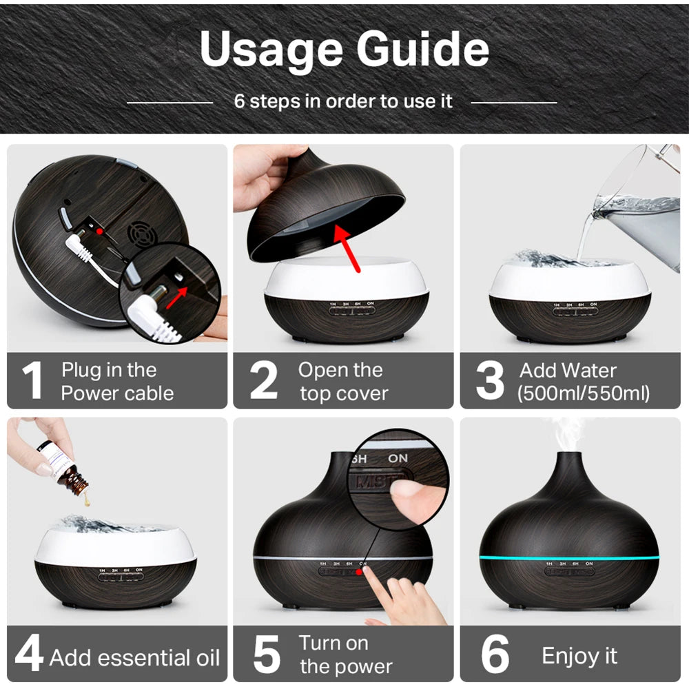 500ml Wood Grain Essential Oil Diffuser | Ultrasonic Aroma Humidifier