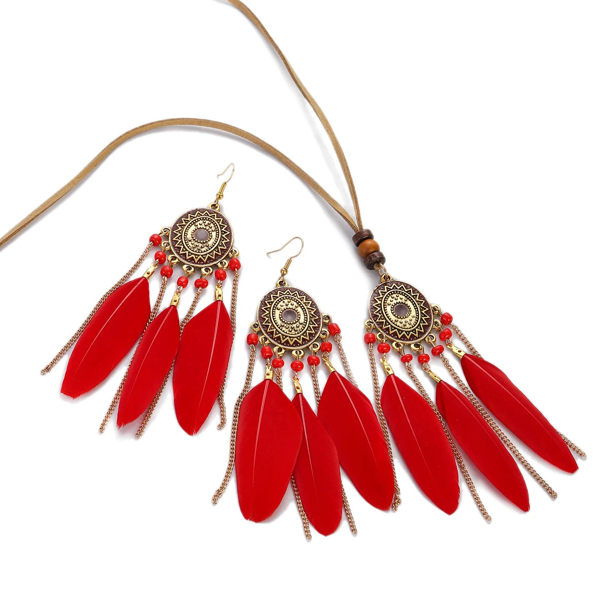 Feather Necklace Earring Set | Vintage Sun Pattern Handmade Jewellery