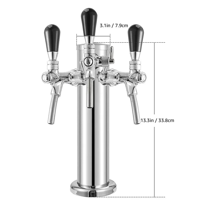 3 Faucet Beer Tower | Triple Tap Kegerator Dispenser Chrome Column ID