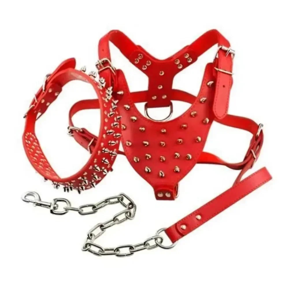 Spiked Studded Dog Harness Set - Heavy Duty Leather 3-Piece