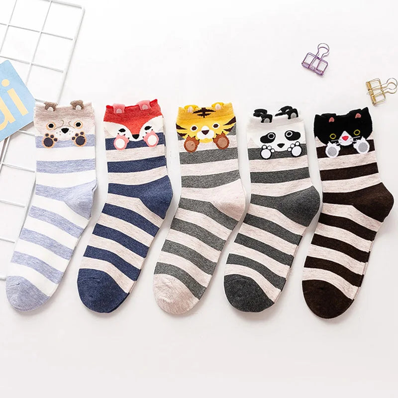 5 Pairs Women's Cat Socks - Cute Animal Cartoon Cotton Art