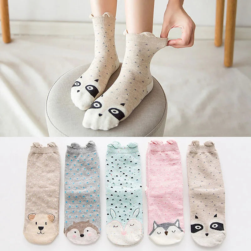 5 Pairs Women's Cat Socks - Cute Animal Cartoon Cotton Art