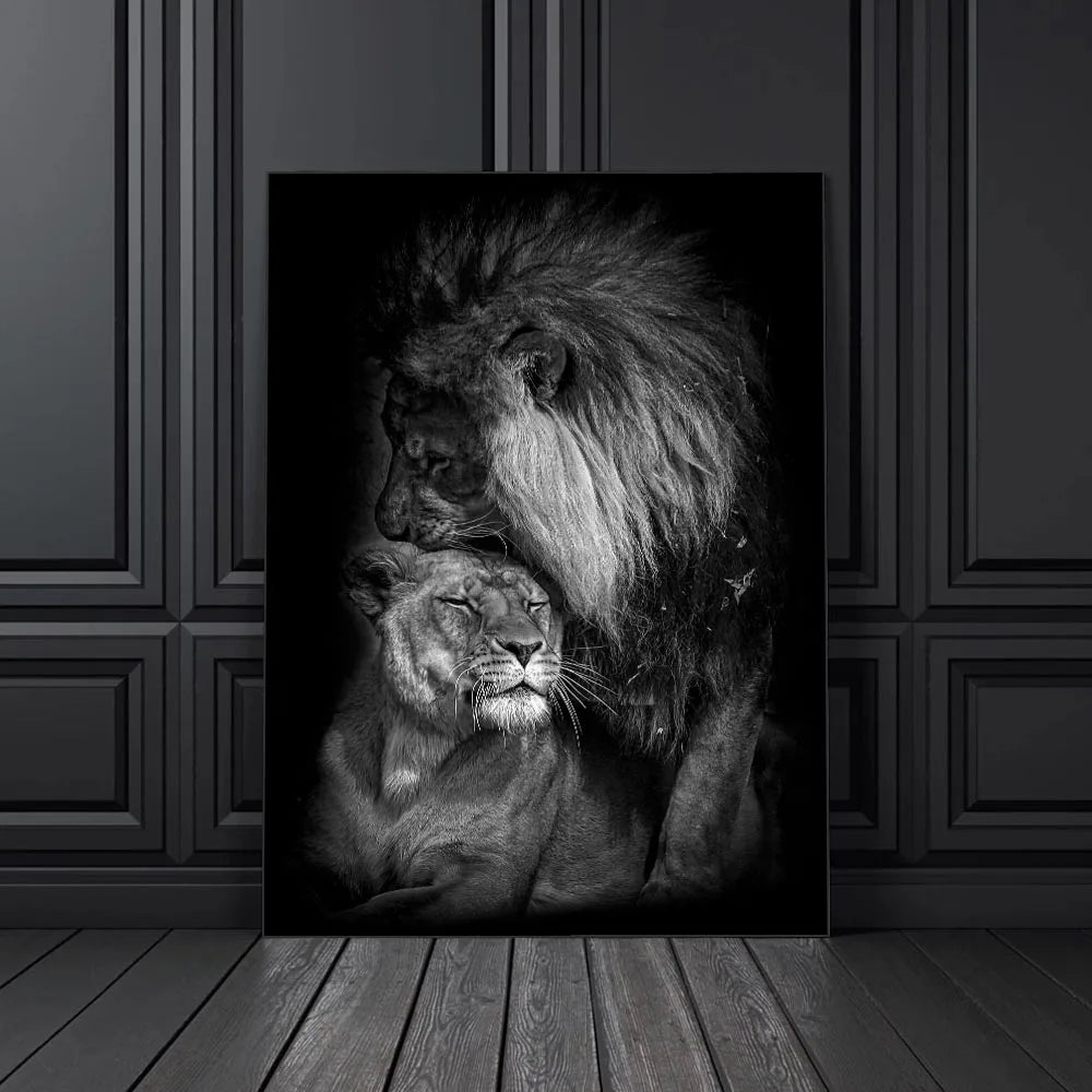 Black & White Lion Canvas Painting | Modern Animal Wall Art Mural Print