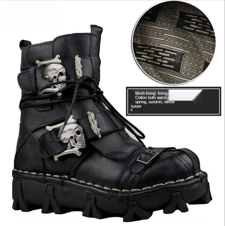 Mens Cowhide Leather Motorcycle Boots - Gothic Skull Boots