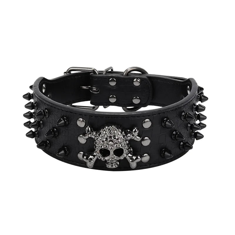 Wide Spiked Skull Dog Collar | Studded Leather Bully Collar for Large