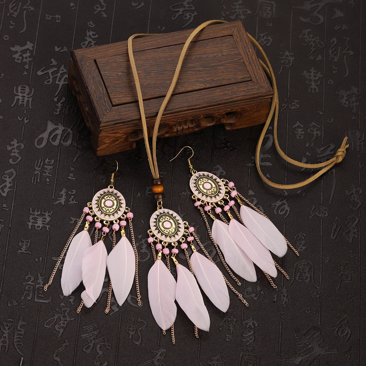 Feather Necklace Earring Set | Vintage Sun Pattern Handmade Jewellery