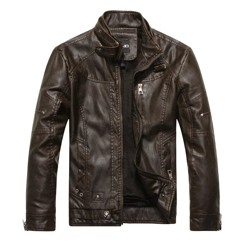 Mens Retro Leather Jacket | American Style Stand Collar Biker Blazer
