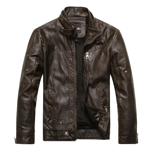 Mens Retro Leather Jacket | American Style Stand Collar Biker Blazer