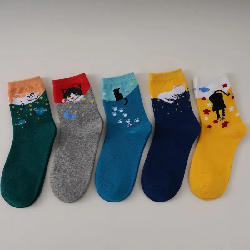 5 Pairs Women's Cat Socks - Cute Animal Cartoon Cotton Art