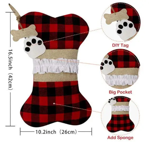 Dog Bone Christmas Stocking - Burlap Plaid Xmas Pet Stocking