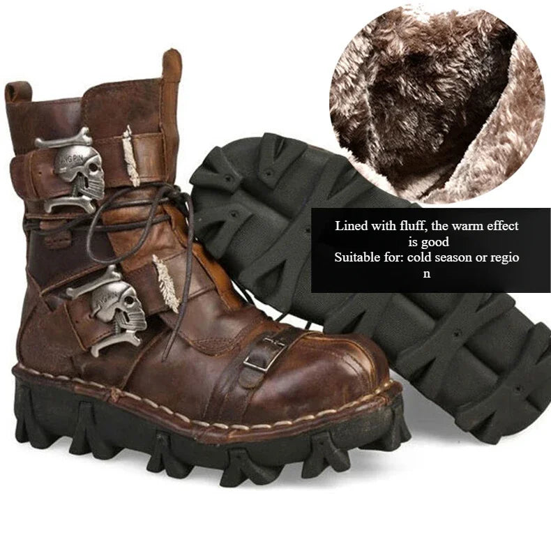 Mens Cowhide Leather Motorcycle Boots - Gothic Skull Boots