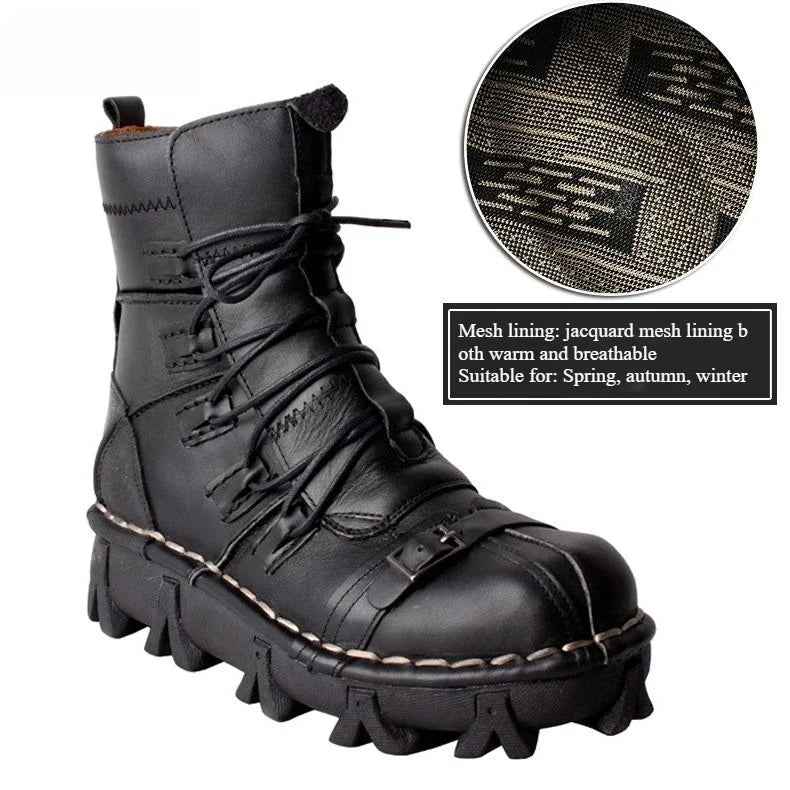 Mens Cowhide Leather Motorcycle Boots - Gothic Skull Boots