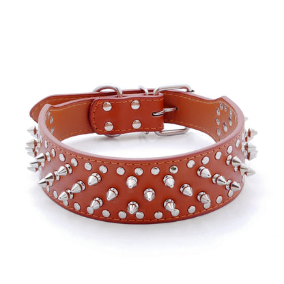 Wide Spiked Skull Dog Collar | Studded Leather Bully Collar for Large