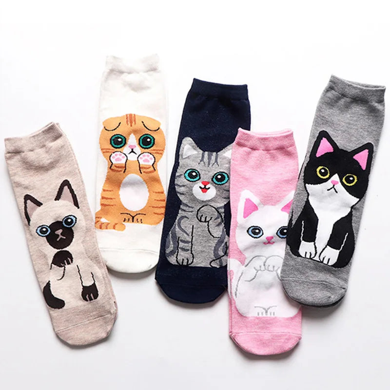 5 Pairs Women's Cat Socks - Cute Animal Cartoon Cotton Art