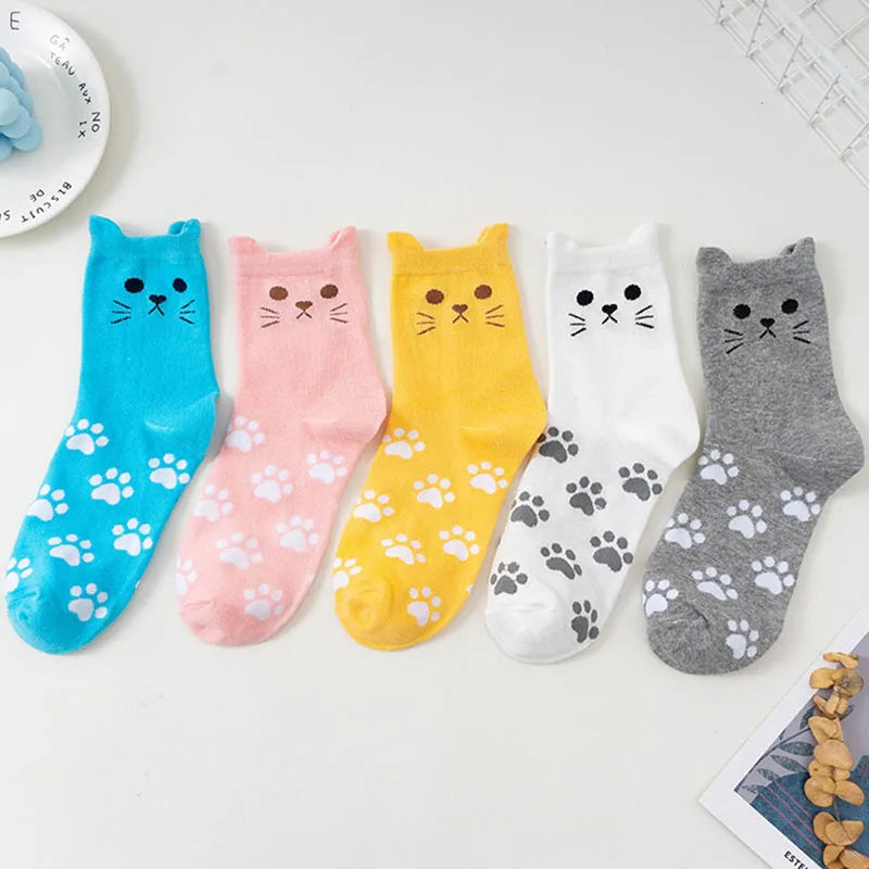 5 Pairs Women's Cat Socks - Cute Animal Cartoon Cotton Art