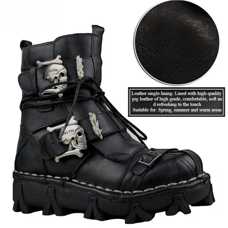 Mens Cowhide Leather Motorcycle Boots - Gothic Skull Boots