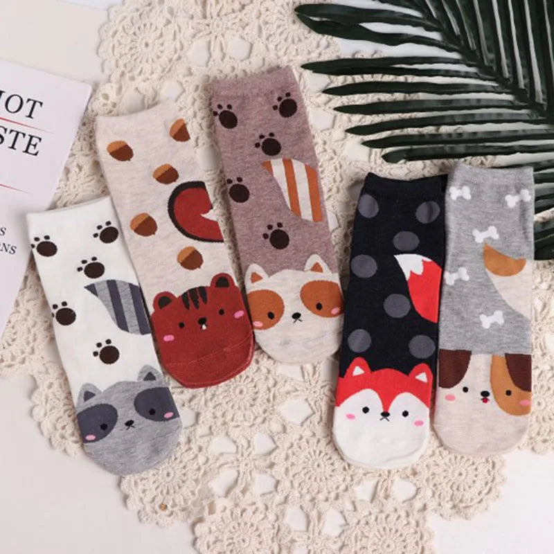 5 Pairs Women's Cat Socks - Cute Animal Cartoon Cotton Art