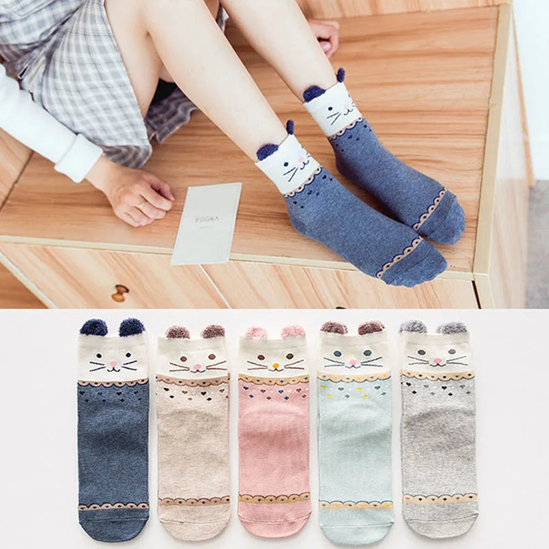 5 Pairs Women's Cat Socks - Cute Animal Cartoon Cotton Art