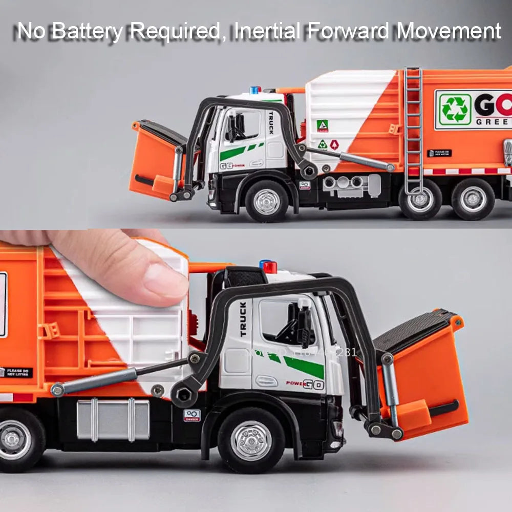 1:18 Alloy Garbage Truck Toy | Electric Sanitation Car Lights & Sound