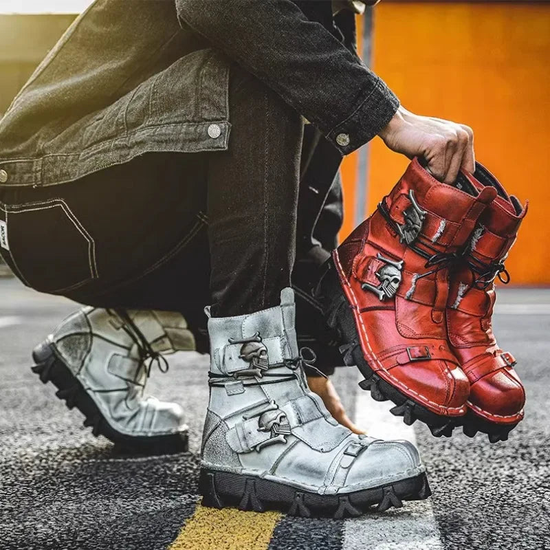 Mens Cowhide Leather Motorcycle Boots - Gothic Skull Boots