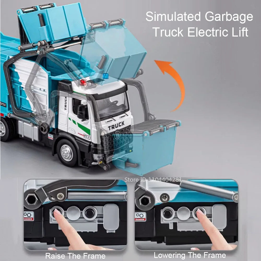 1:18 Alloy Garbage Truck Toy | Electric Sanitation Car Lights & Sound