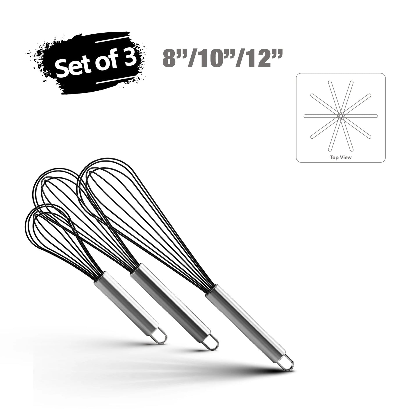 Stainless Steel Balloon Whisk Set | 8" 10" 12" Manual Egg Beater Tools