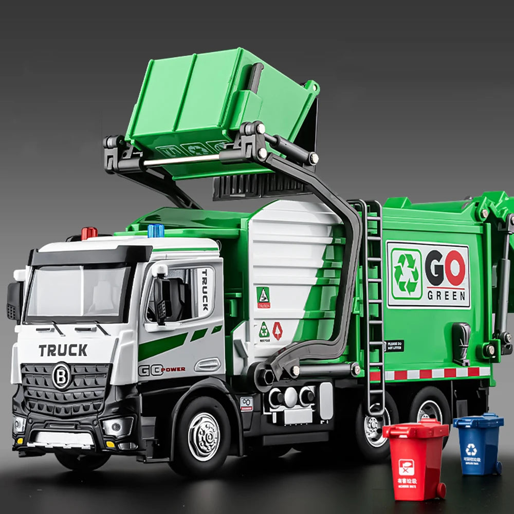 1:18 Alloy Garbage Truck Toy | Electric Sanitation Car Lights & Sound