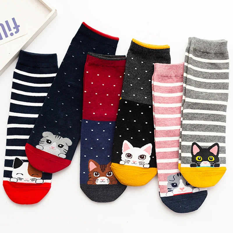 5 Pairs Women's Cat Socks - Cute Animal Cartoon Cotton Art