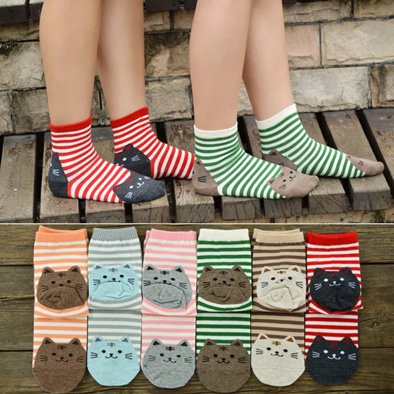 5 Pairs Women's Cat Socks - Cute Animal Cartoon Cotton Art