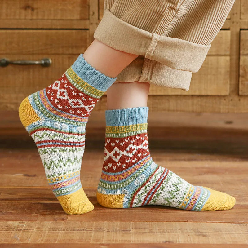 5 Pairs Women's Winter Socks | Retro Japanese Ethnic Knit Wool Blend