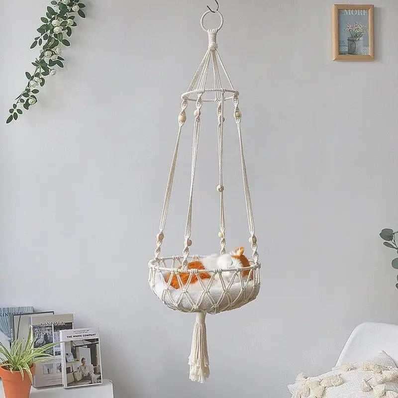 Boho Cat Hammock - Hand Woven Cotton Rope Hanging Swing Bed