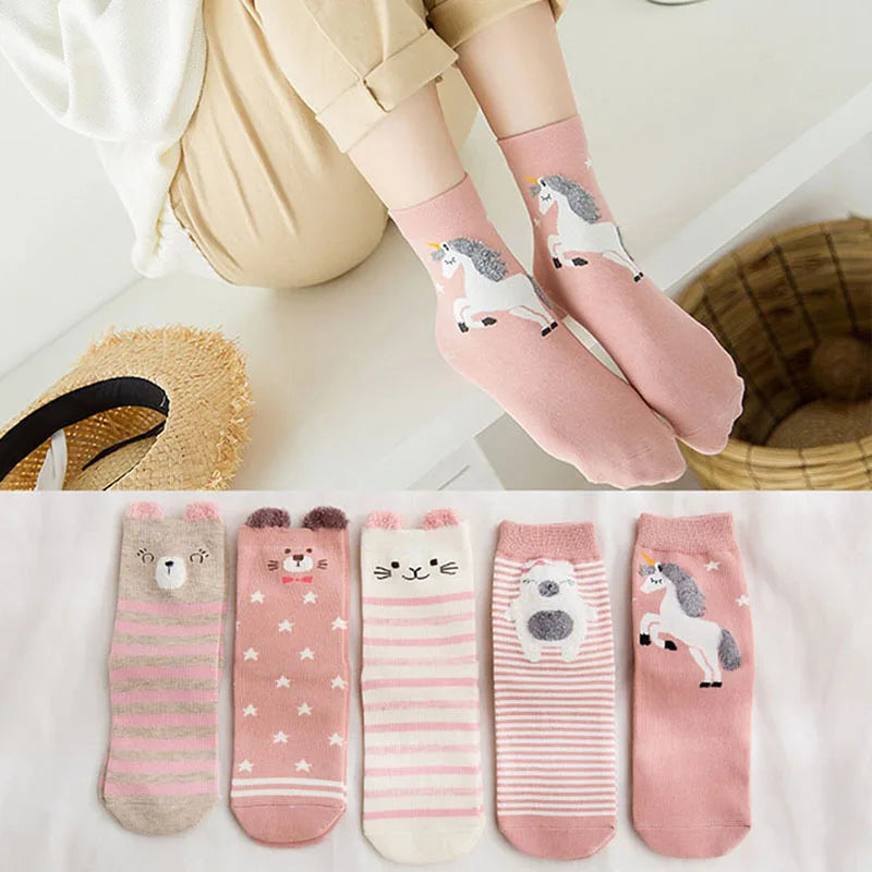 5 Pairs Women's Cat Socks - Cute Animal Cartoon Cotton Art