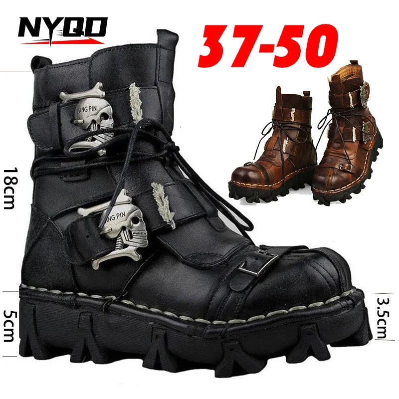 Mens Cowhide Leather Motorcycle Boots - Gothic Skull Boots