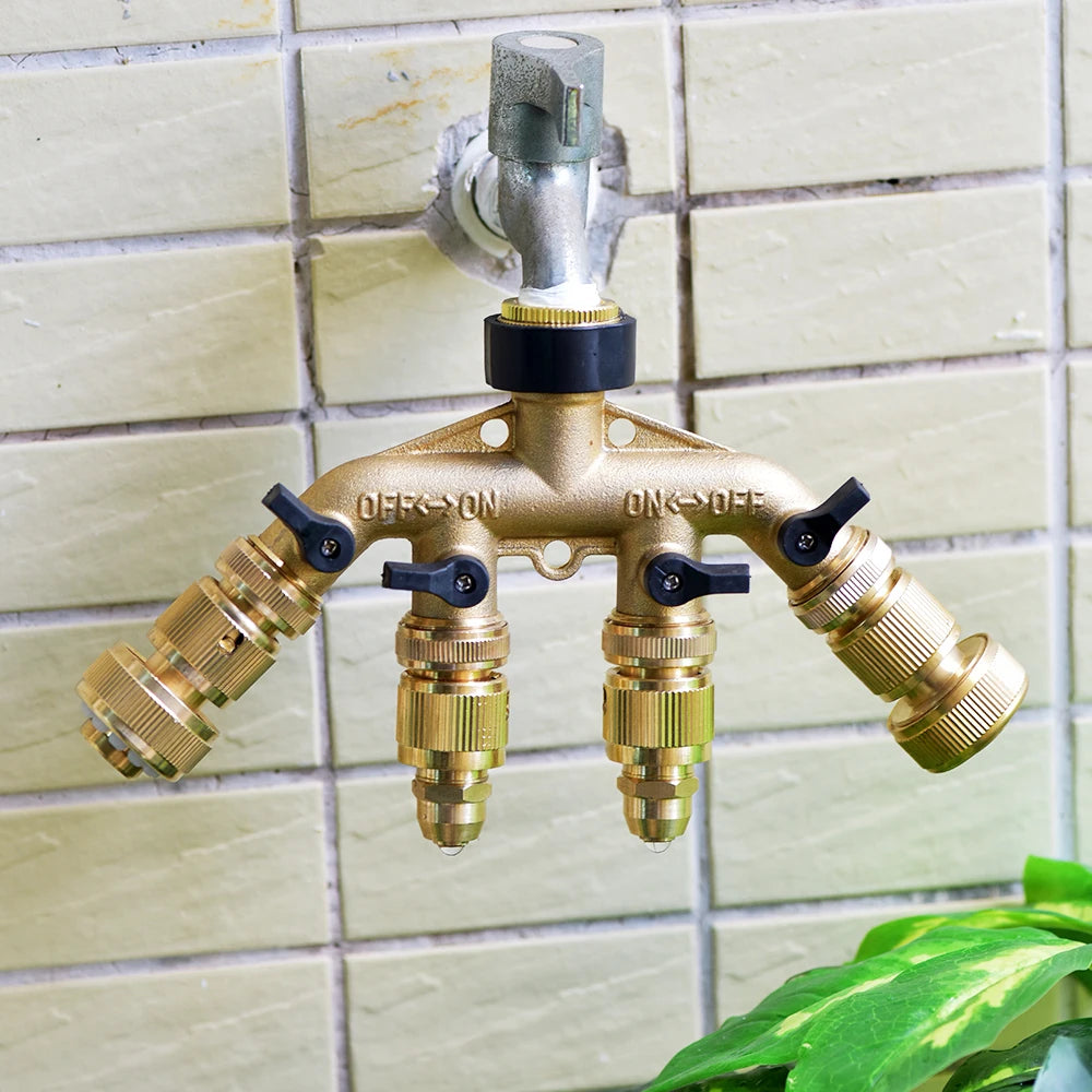 Heavy-Duty 4-Way Brass Garden Hose Splitter - 3/4" Tap Diverter