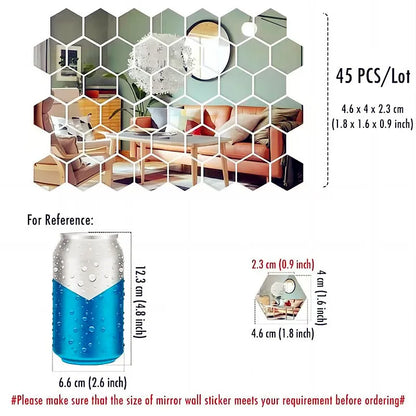 45-Piece Hexagon Mirror Wall Stickers - DIY Decorative Art Tiles