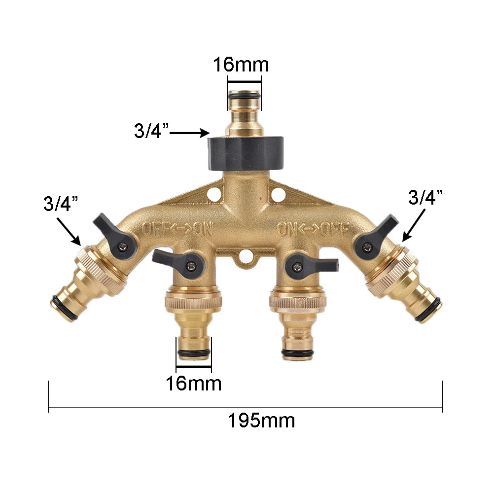 Heavy-Duty 4-Way Brass Garden Hose Splitter - 3/4" Tap Diverter