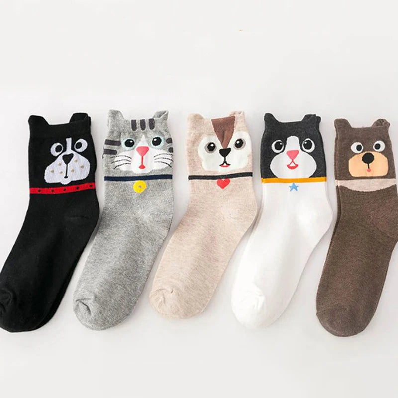 5 Pairs Women's Cat Socks - Cute Animal Cartoon Cotton Art